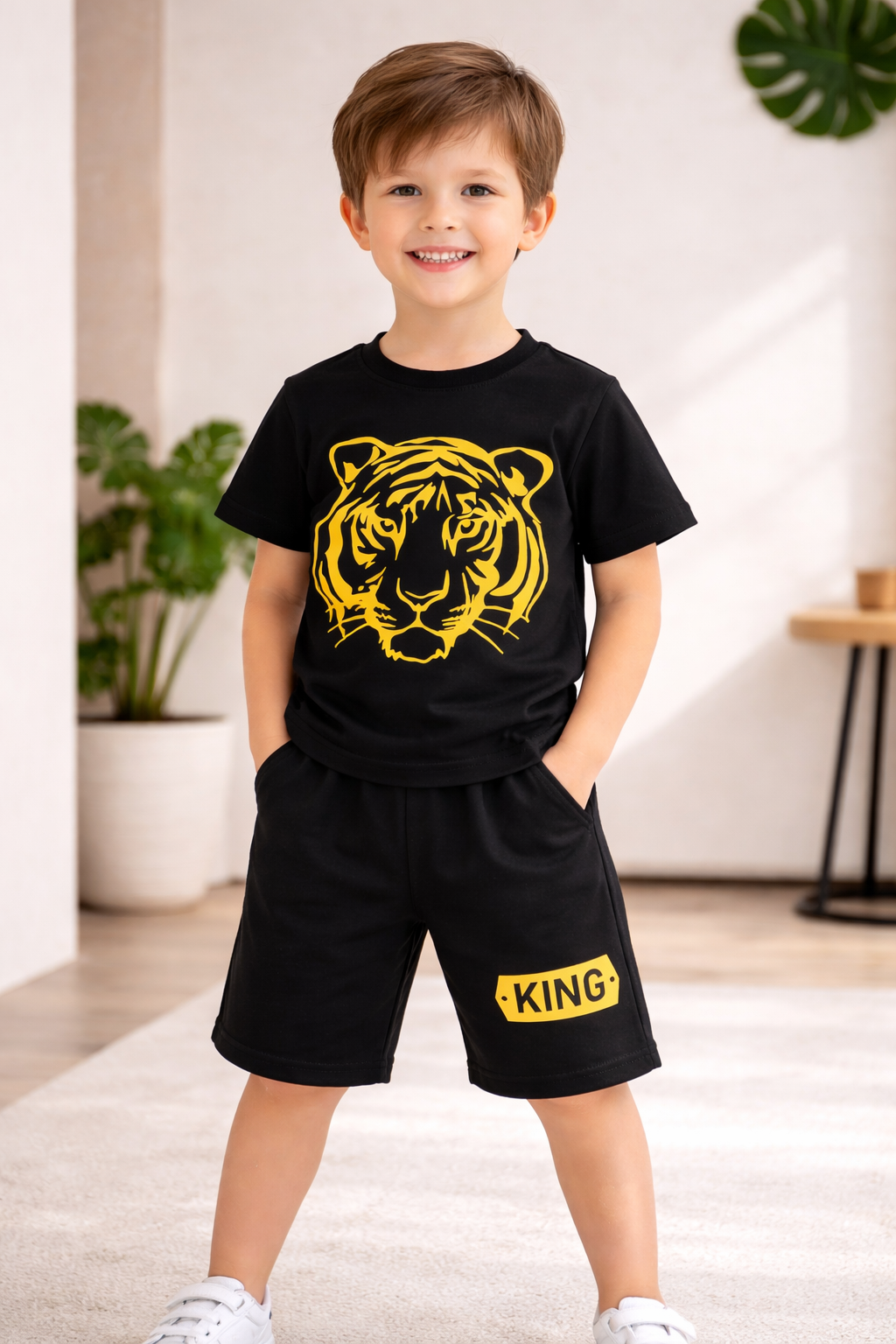 Boys Black Tiger Print “King” Set