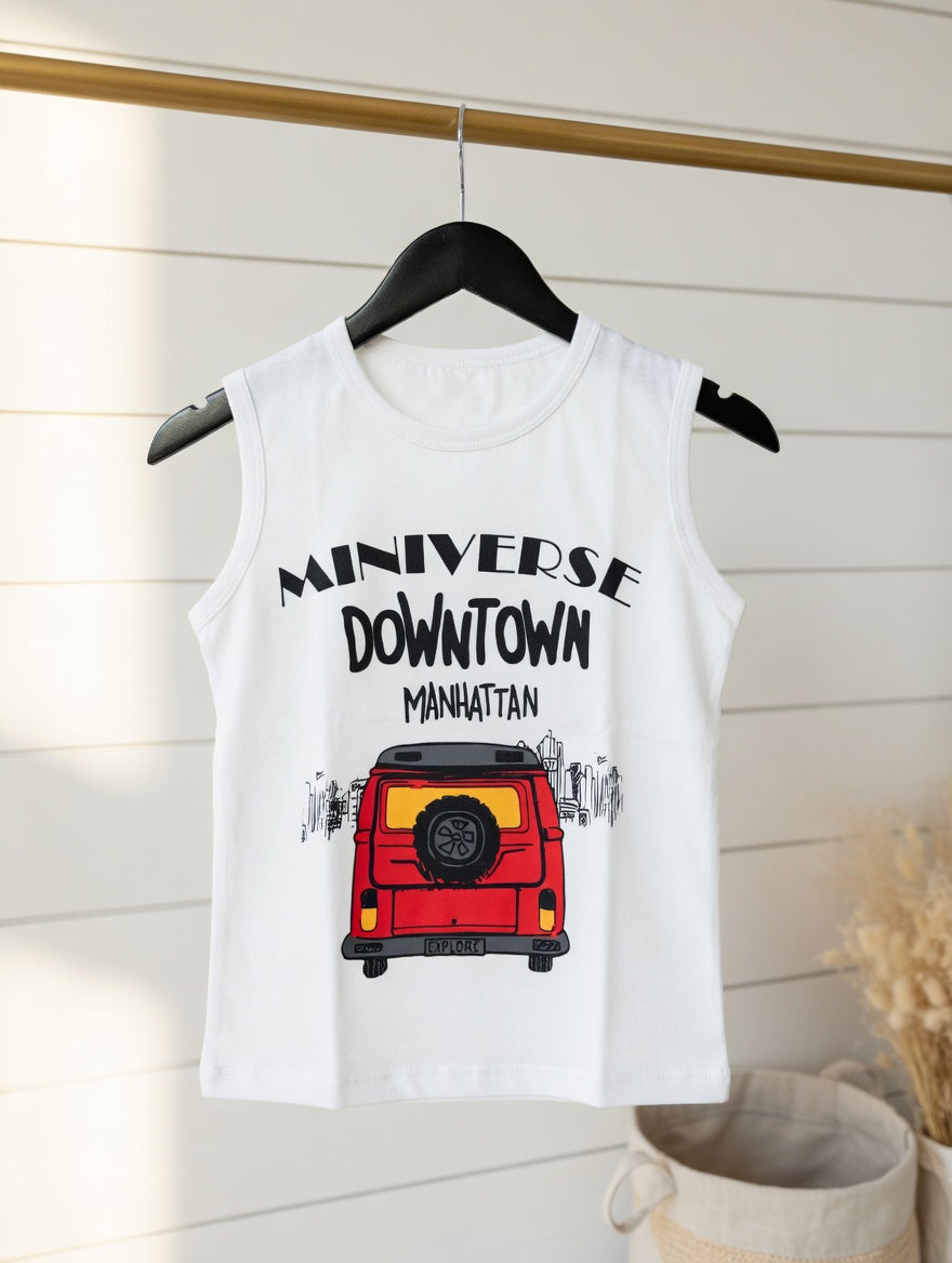 Kids White Sleeveless “Miniverse Downtown Manhattan” Graphic T-Shirt