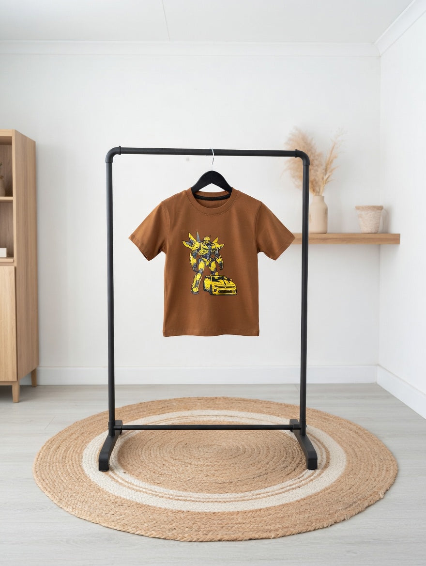 Kids Brown Robot & Car Graphic T-Shirt