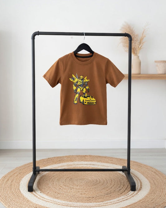 Kids Brown Robot & Car Graphic T-Shirt