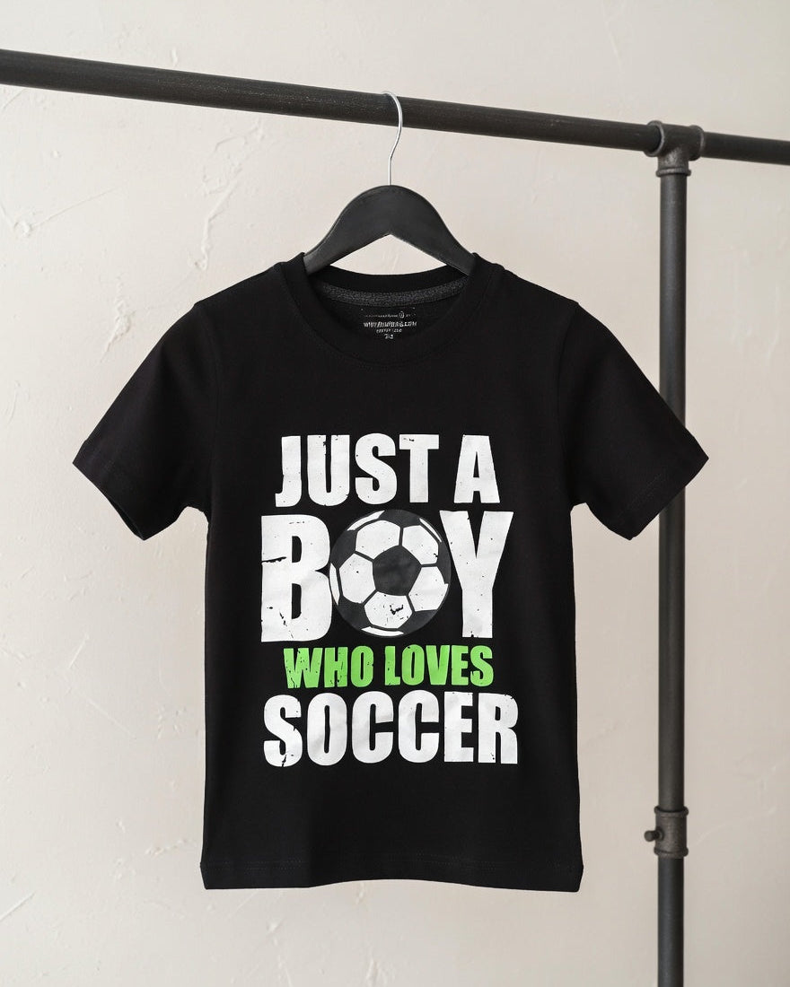 Kids Black “Just A Boy Who Loves Soccer” Graphic T-Shirt
