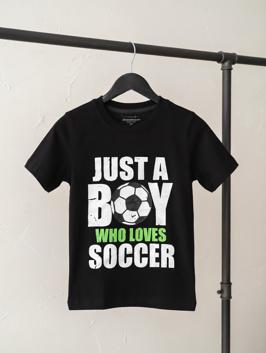 Kids Black “Just A Boy Who Loves Soccer” Graphic T-Shirt