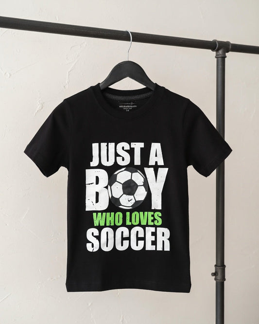 Kids Black “Just A Boy Who Loves Soccer” Graphic T-Shirt